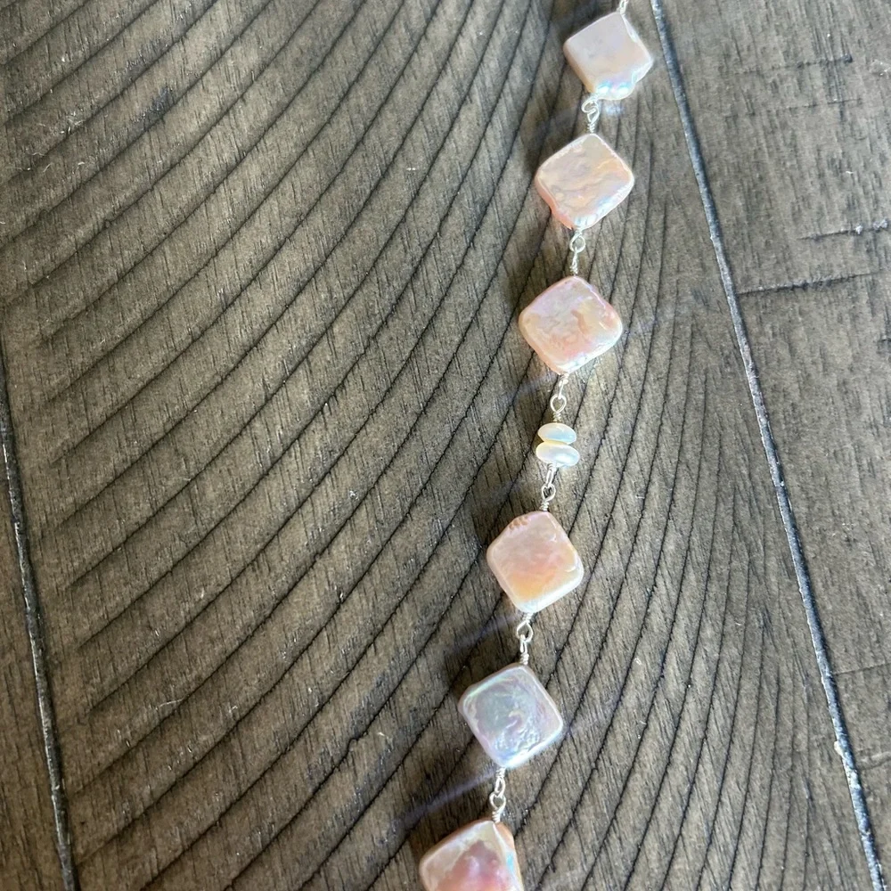 34" NECKLACE PEARL COLOR SQUARE PEARLS;  STERLING SILVER CRYSTAL CHARM; NEW - Picture 4 of 9